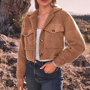 Industry Teddy Jacket Cropped Faux Fur Sherpa Camel Brown Button Coat NWT Medium